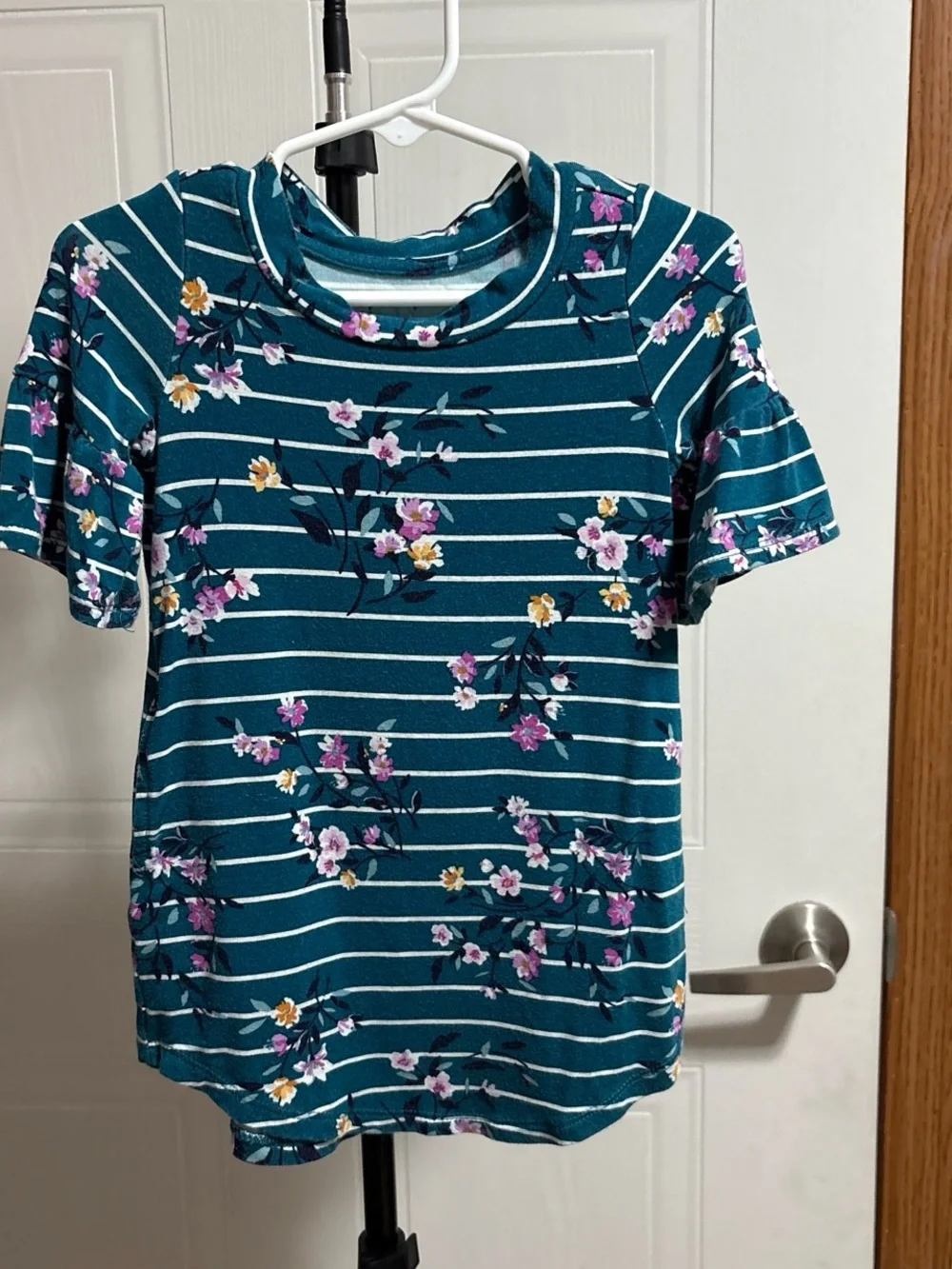 Girls' Teal Striped Floral Short Sleeve Tee
